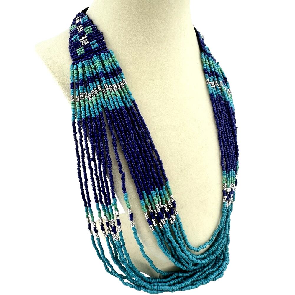 Boho Blue Teal Green Woven Beads Draped Multistrand Silver Tone 25” Necklace - Picture 2 of 6